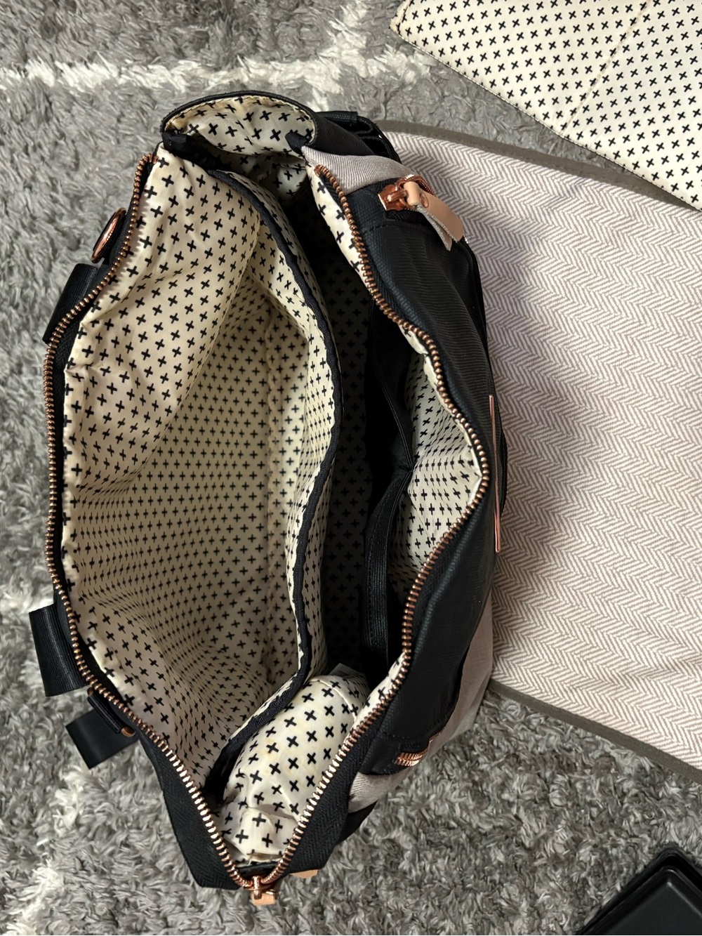 Stylish Black and Tan Petunia Pickle  Bottom Diaper Bag with Rose Gold Accents